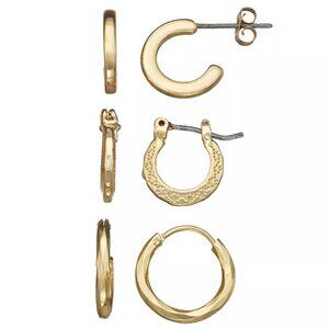NAPIER 3pc Mod/Contemporary Gold Diamond Pattern/Smooth/Textured Hoop Earrings